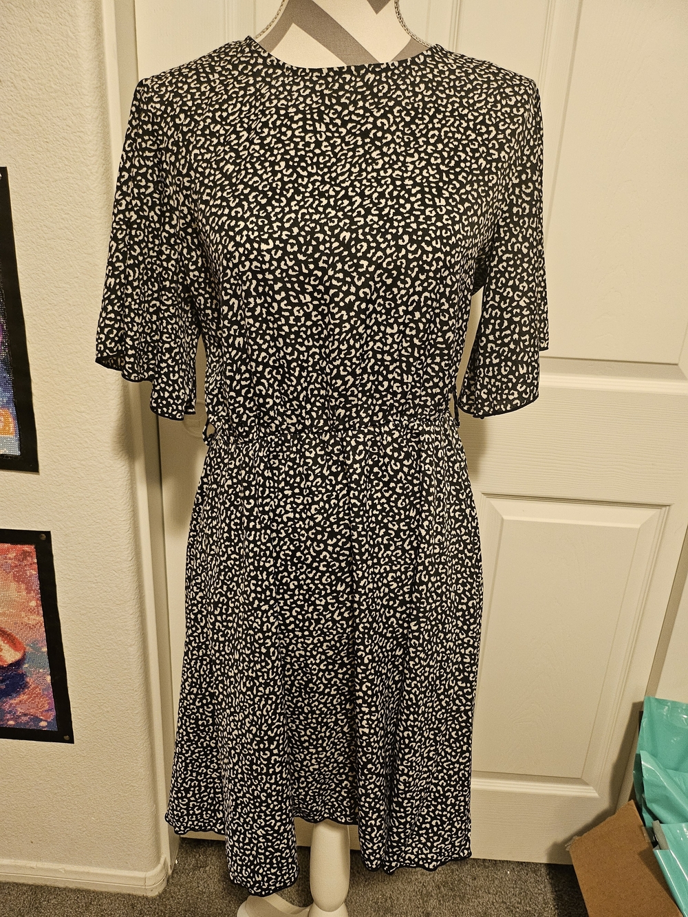 Black & White Printed Short-Sleeve A-Line Dress